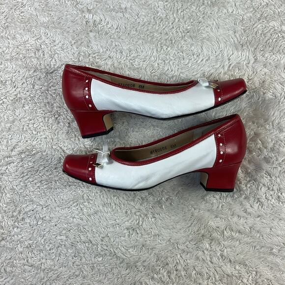 Vintage 90s Ros Hommerson red white saddle shoe low heeled square toe pumps, 6 - Picture 6 of 10